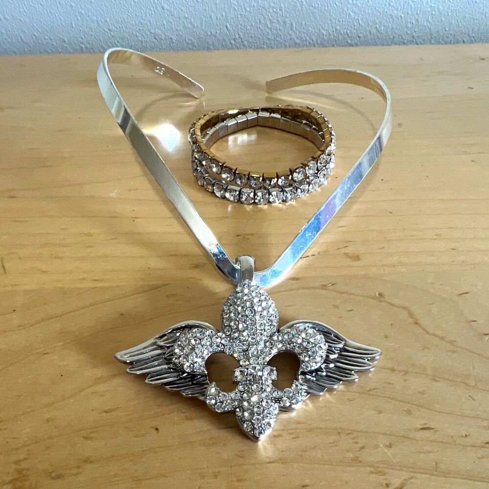 Silver Tone Fleur-de-Lis Clear Rhinestone Necklace & Stretch Bracelets